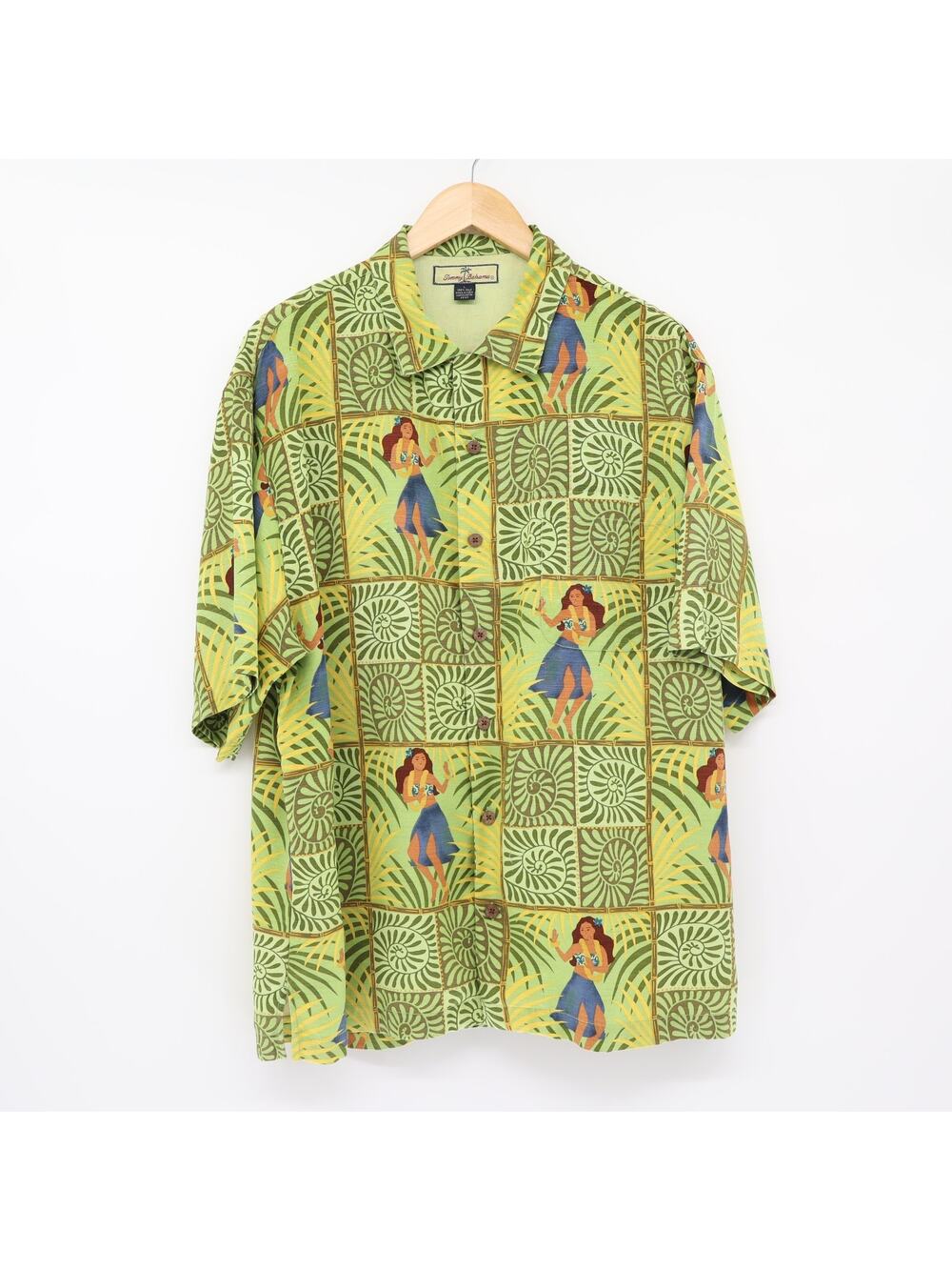 Tommy Bahama Hawaiian Shirt Men's L Hula Girl Silk Camp Tropical Green